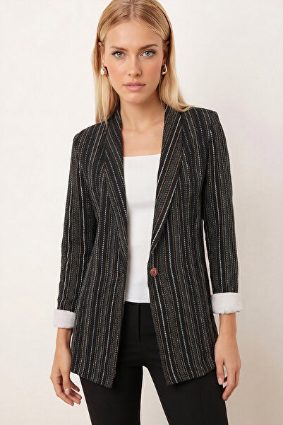 armonika Women's Yellow-White Shawl Collar Single Button Jacket with Garnishe...