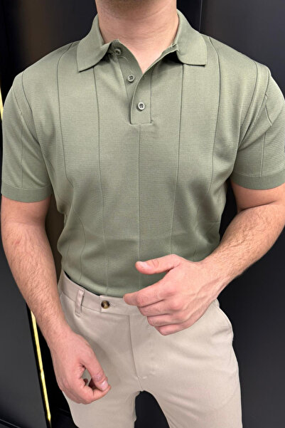 sunfyre Men's Short Sleeve Polo Collar Stripe Pattern Button Detailed Knitwea...