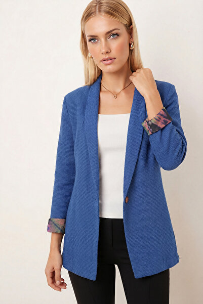 armonika Women's Dark Blue Shawl Collar Sleeves Decorated Single Button Jacke...