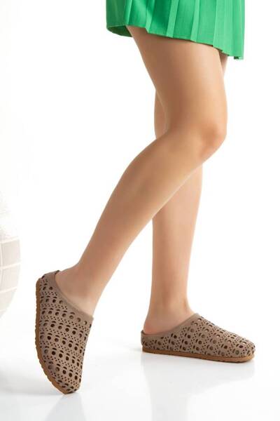 inyola Women's Genuine Leather Daily Slippers with Hole Detail 6334