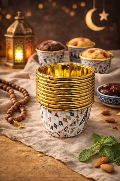 Evila 12’li Mini Muffin Kabı 7x4 cm – Gold İç Kaplama Desenli Kek Kapsülü – C...