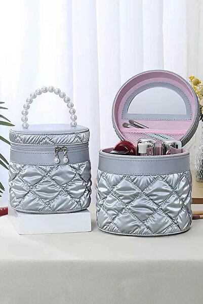 TAKIŞTIR حقيبة مكياج وعناية شخصية باللون الرمادي مع تفاصيل من اللؤلؤ، منظم أد...