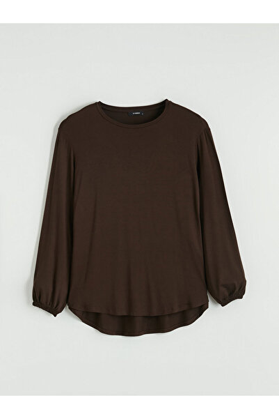 LC Waikiki Kahverengi Bisiklet Yaka Balon Kollu Oversize Bluz