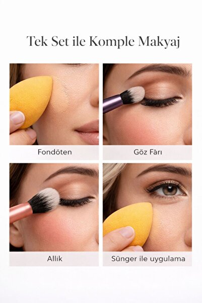 Gold Beauty Everyday Essentlals Profesyonel Makyaj Fırçası 5’li + Sünger Fondöten Allık Far Aydınlatıcı Kapatıcı