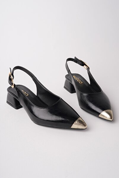 MUGGO CHANCE Gold Burun Detaylı Sivri Burun Arkası Açık Kadın Kısa Topuklu Ay...