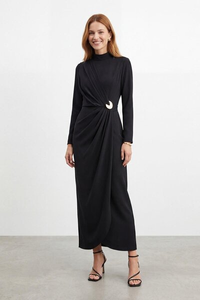 Puane Women's Double-Breasted Look Long Dress with Buckle Detail -12678Elb - ...