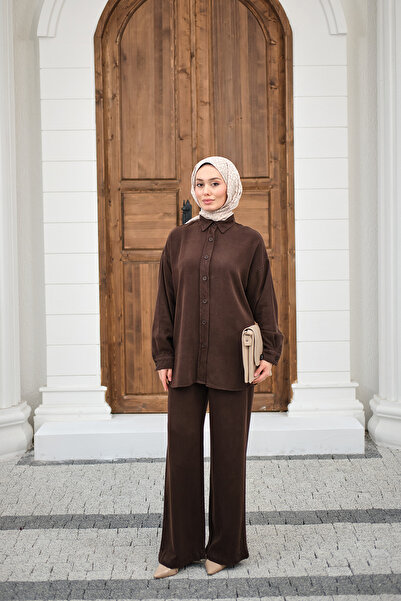 LOCCO Women's Washed Detail Elastic Waist Piped Cuff Shirt Suit Brown