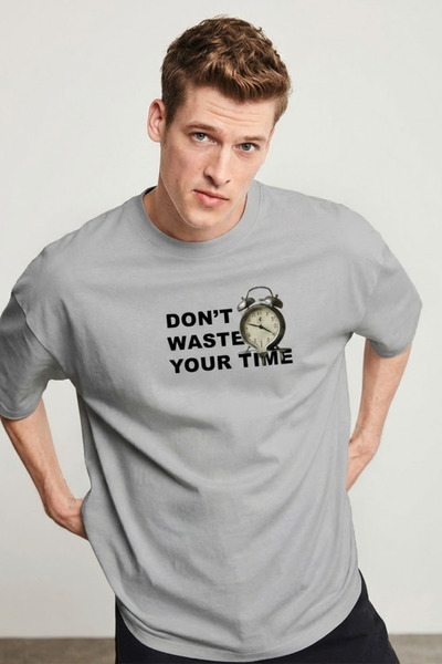 COMBİNE MİCHAİL Men's Don'T Waste Time Printed Gray T-Shirt