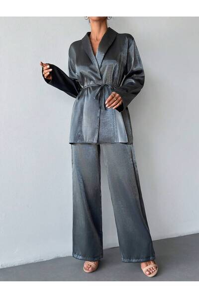 mass fashion Γυναικείο Σετ Μαύρο Σατέν Μπουφάν Oversize και Παντελόνι με φαρδ...