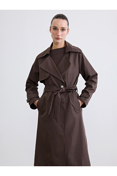 LC Waikiki Brown Double-Breasted Collar Belted Women's Trench Coat