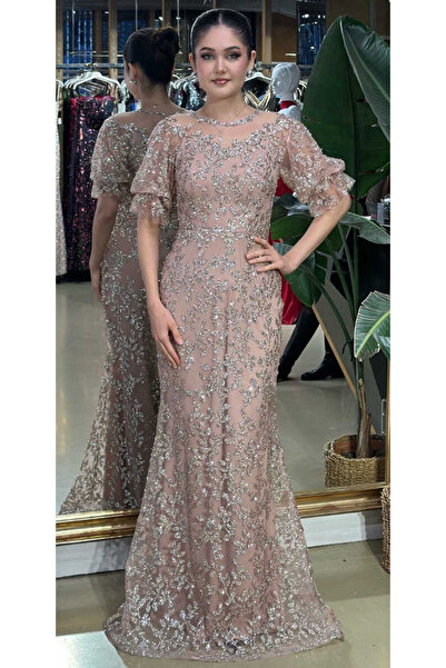 Abiyeniall Pembe Balon Kollu Dantel Detaylı Düz Kesim Simli Uzun Abiye Elbise...