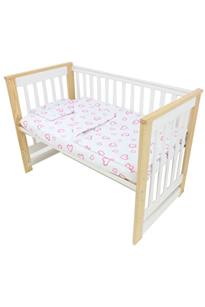 PRICHINDEL Bedding Set 3 Pieces, Cotton, Large Pink Hearts, 120x60 cm, White