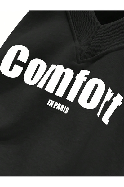 FUWEAR Oversize Siyah Renkli V Yaka Comfort Baskı Desenli Sweatshirt