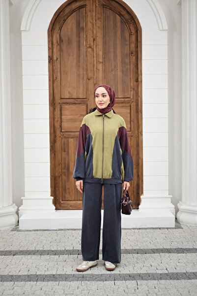 LOCCO Women's Colorful Detailed Zippered Two-Piece Set in Oil Green