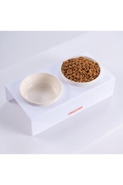 Pawstar Beyaz İkili Seramik-Pleksi Mama ve Su Kabı-Kedi Köpek Mama Su Kabı