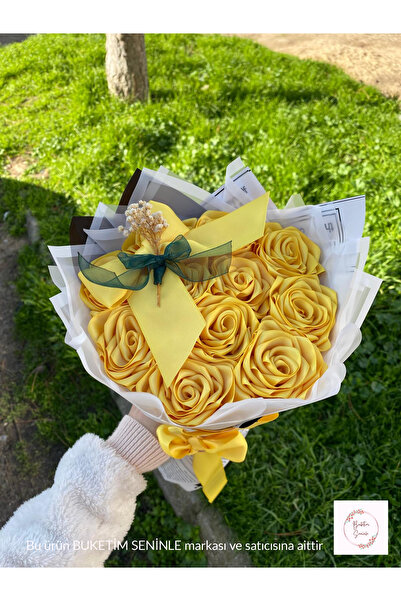 Buketim Seninle 11-Piece Yellow Non-Fading Rose Bouquet, Satin Flower, Gift f...