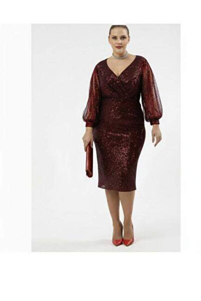 angelino butik Büyük Beden Kolları Saçaklı Kısa Pul Payet Abiye Elbise Bordo ...
