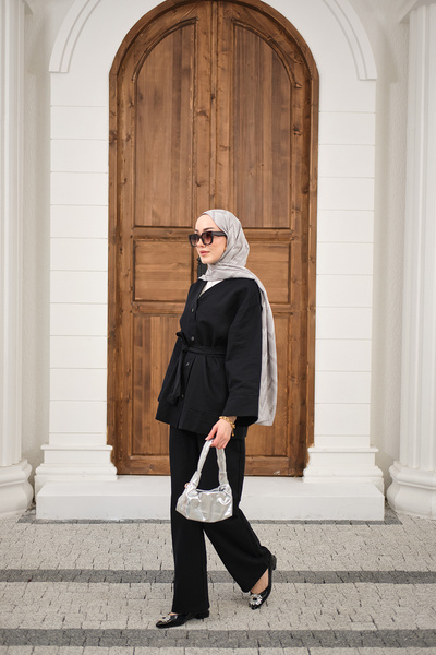 LOCCO Women's V-Neck Snap Fastener Single Pocket Detail Waist Tie Pique Suit ...