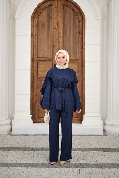 LOCCO Costum de damă cu model, cu guler tip pelerină și legătură în talie, bleumarin
