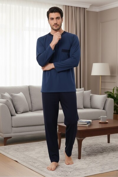 PREGNANT WORLD Men's Indigo Long Sleeve Button Detailed 100% Cotton Design La...