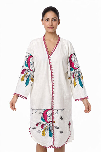 EMİLLİE Дамски кимоно с шарки и помпони – 100% памук, туника за плаж и лято