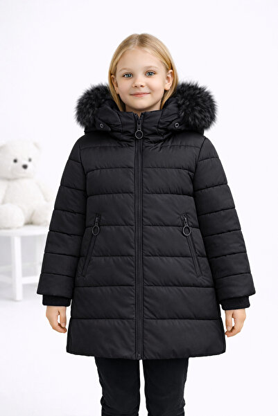 REGOS Kız Çocuk Siyah Uzun Şişme Mont Kürk Detaylı Kapüşonlu Kışlık