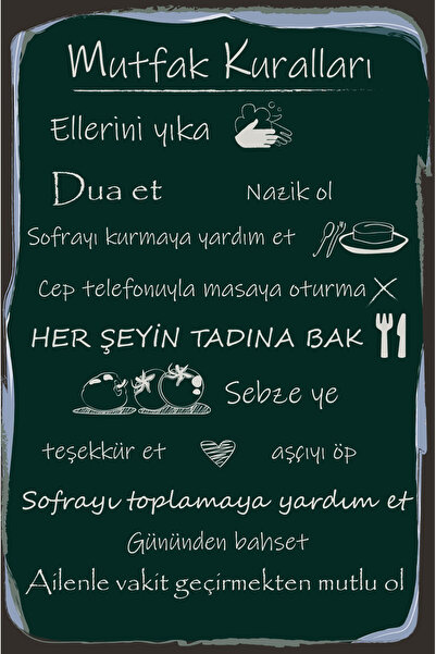 tpkitapevi Retro Vintage 5 mm Ahşap Üzerine Mutfak Kuralları Temalı Poster Ta...