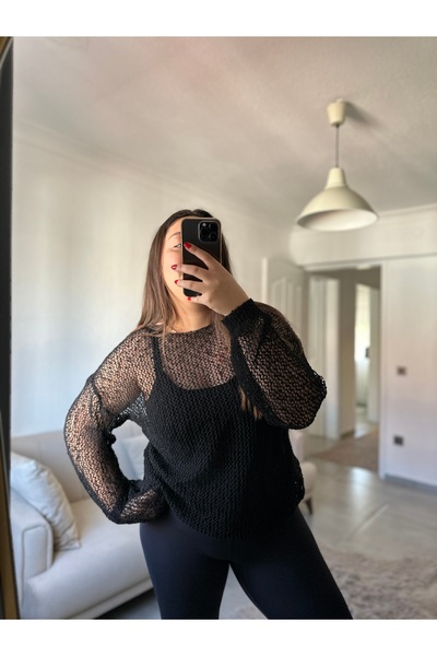 bestie co Siyah Transparan Uzun Kollu File Kadın Bluz