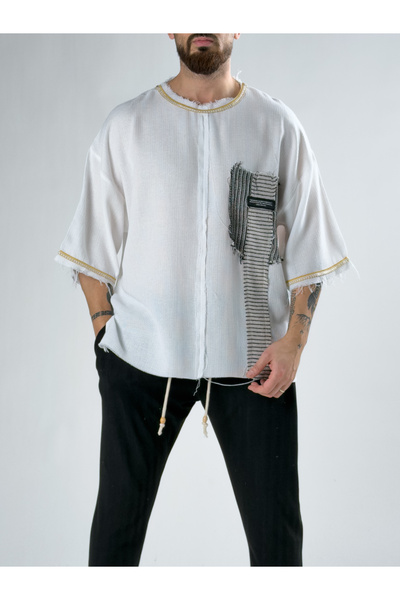 COCOPELLI Σχεδιαστικό Λευκό Ανδρικό T-Shirt Oversize με Ρίγες COC2896