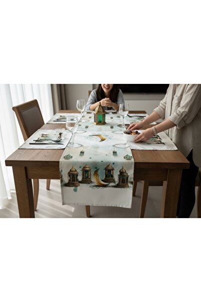 Mof Home Collection Ramazan Desen Runner & Amerikan Servis Set (Süet Kumaş Üs...