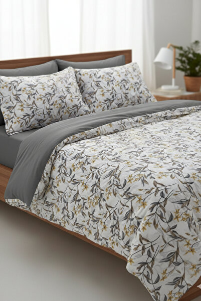 LaLiva Gray Floral Double Bed Sheet Elastic-Cotton Duvet Cover Set