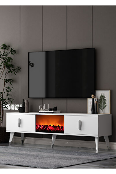 cantek dizayn TV0061-0061-TXA150-64 ŞÖMİNELİ TV SEHPASI BEYAZ-GÜMÜŞ