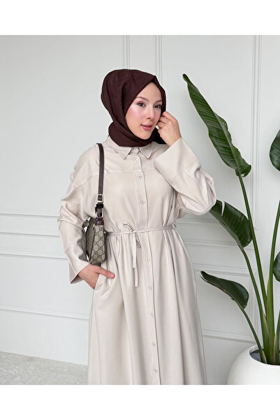 Moda Misali Minimal Kuşaklı Uzun Gömlek Tesettür Elbise