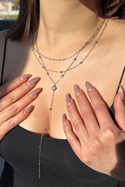 TAKIŞTIR Gümüş Renk Taş Detaylı 14K Altın Kaplama VİP Y Kolye