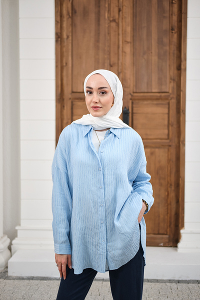 LOCCO Women's Sequin Detailed Self-Patterned Shirt Light Blue