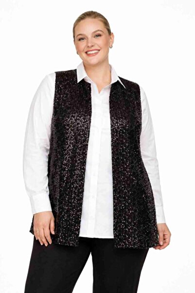 angelino butik Büyük Beden Uzun Payet Yelek – Rahat Kalıp, Basen Gizleyen Mod...