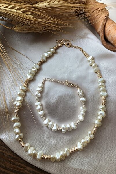 ATALYA ACCESSORY طقم قلادة وسوار نسائي من اللؤلؤ الباروكي