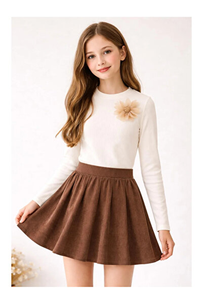 kidstalya Floral Brooch Detailed Camelia Fabric Skirt Suit - Brown