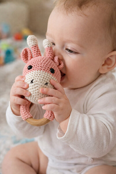 Sasa Steel Jewelry Organik Örme Amigurumi Zürafa Çıngırak Diş Kaşıyıcı Penbe