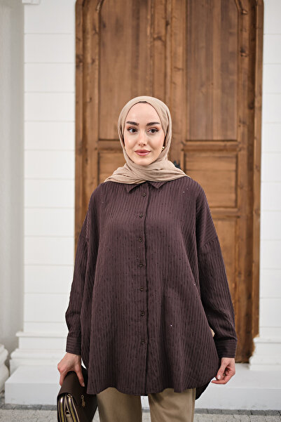 LOCCO Women's Sequin Detailed Self-Patterned Shirt Brown