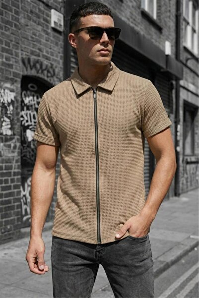 Oksit Qui Zipper Detailed Short Sleeve Textured Knitted Shirt Jacket (Polo Co...