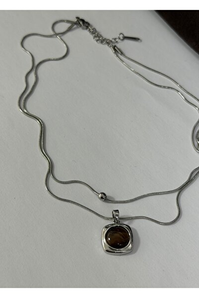 KİLİGİSTANBUL 2'Lİ KARE KEDİ GÖZÜ ÇELİK KOLYE