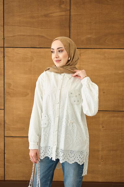 LOCCO Women's Floral Stone Embroidery Detail Brode and Pearl Detailed Shirt W...