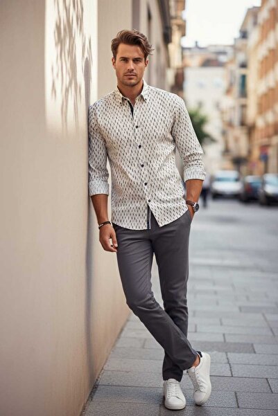 Louis Fabel Navy Blue Brushstroke Patterned Long Sleeve Men's Shirt on a Beig...