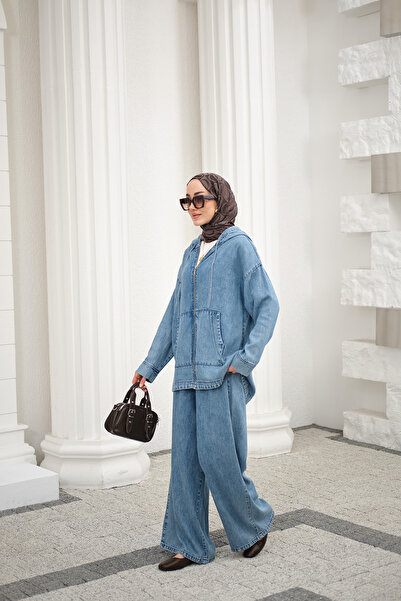 LOCCO Women's Zippered Double Pocket Hooded Pants Set Ice Blue