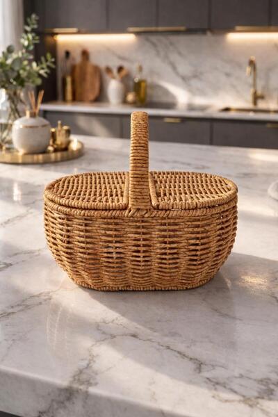 İLİVA سلة تنظيم بيضاوية الشكل من الخيزران مع مقبض صغير، وعاء خبز لسطح المكتب،...
