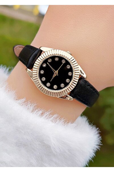 Weluxa Gold Color Black Dial Leather Band Women Wrist Watch + Watch Box