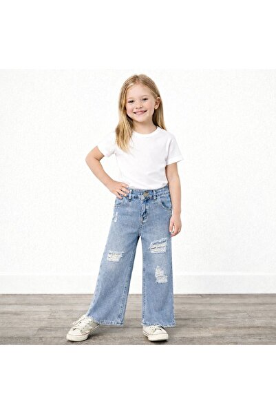 YİGİT BUTİK Дънки с разкъсани детайли и широки крачоли в светлосиньо за момичета