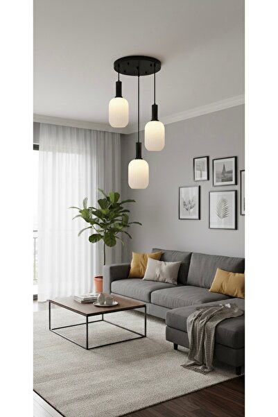 demet habek mylights Modern 3’lü Sarkıt Avize Siyah Metal Gövde Opal Mat Beya...