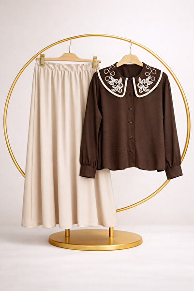 vikitekno Set de două piese pentru femei: fustă cu buzunare și cămașă brodată